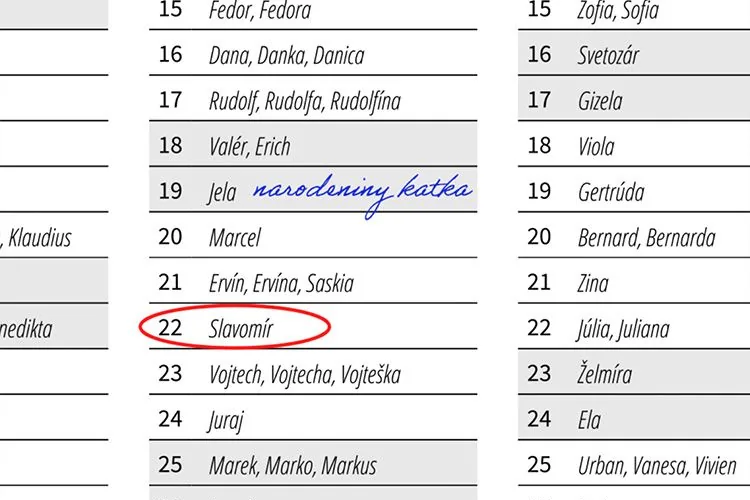 Ročný zoznam menín s krúžkom okolo mena Slavomír a rukou dopísanou poznámkou